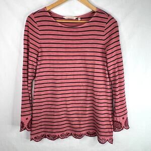 Soft Surroundings Rose Pink Pure Cotton Striped Cutwork Hem Top Small